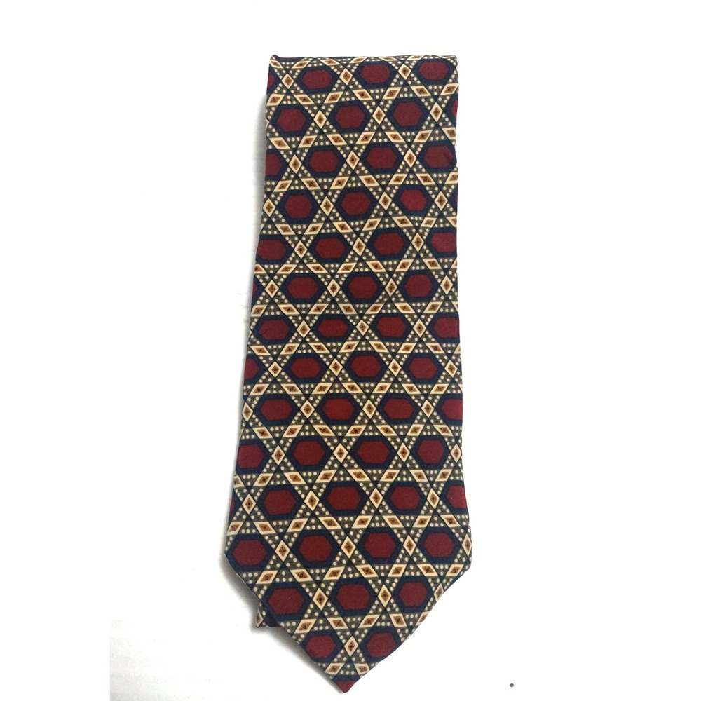 Chaps Ralph Lauren Mens Tie Red Burgundy Tan Geometric Vintage 100% Silk 4x57